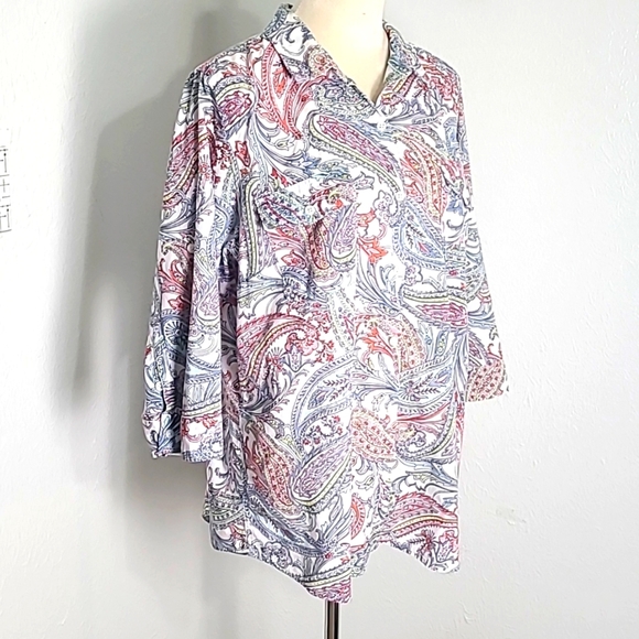 Croft & Barrow Pink, Blue & White Floral Buttondown Blouse, Size XXL - Picture 8 of 10